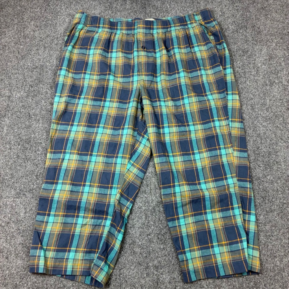 VTG LL Bean Flannel Pajama Pants Mens Size XL 38W Blue Teal Plaid Organic Cotton
